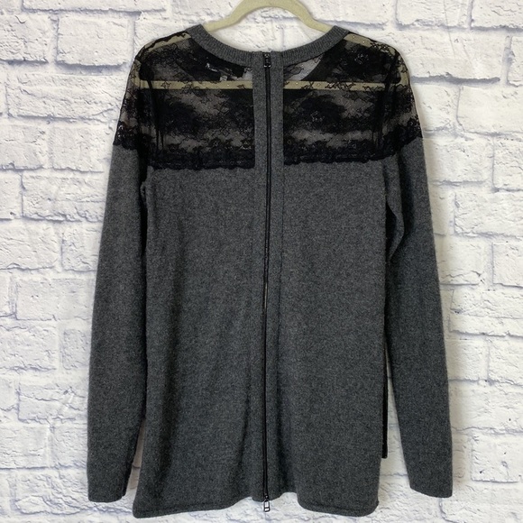 Robert Rodriguez Neiman Marcus gray cashmere black lace hi low back zip sweater - Picture 4 of 7